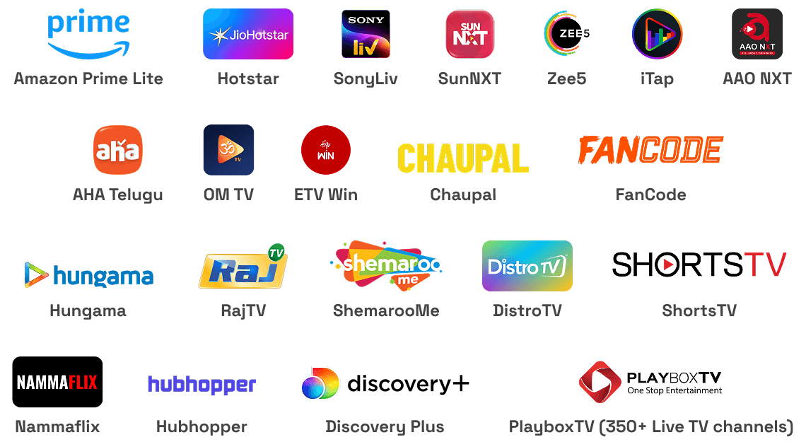 Premium OTT platforms included: Amazon Prime Lite, Hotstar, SonyLiv, SunNXT, Zee5, iTap, AAO NXT, AHA Telugu, OM TV, ETV Win, Chaupal, FanCode, Hungama, RajTV, ShemarooMe, DistroTV, ShortsTV, Nammaflix, Hubhopper, Discovery Plus, PlayboxTV and more